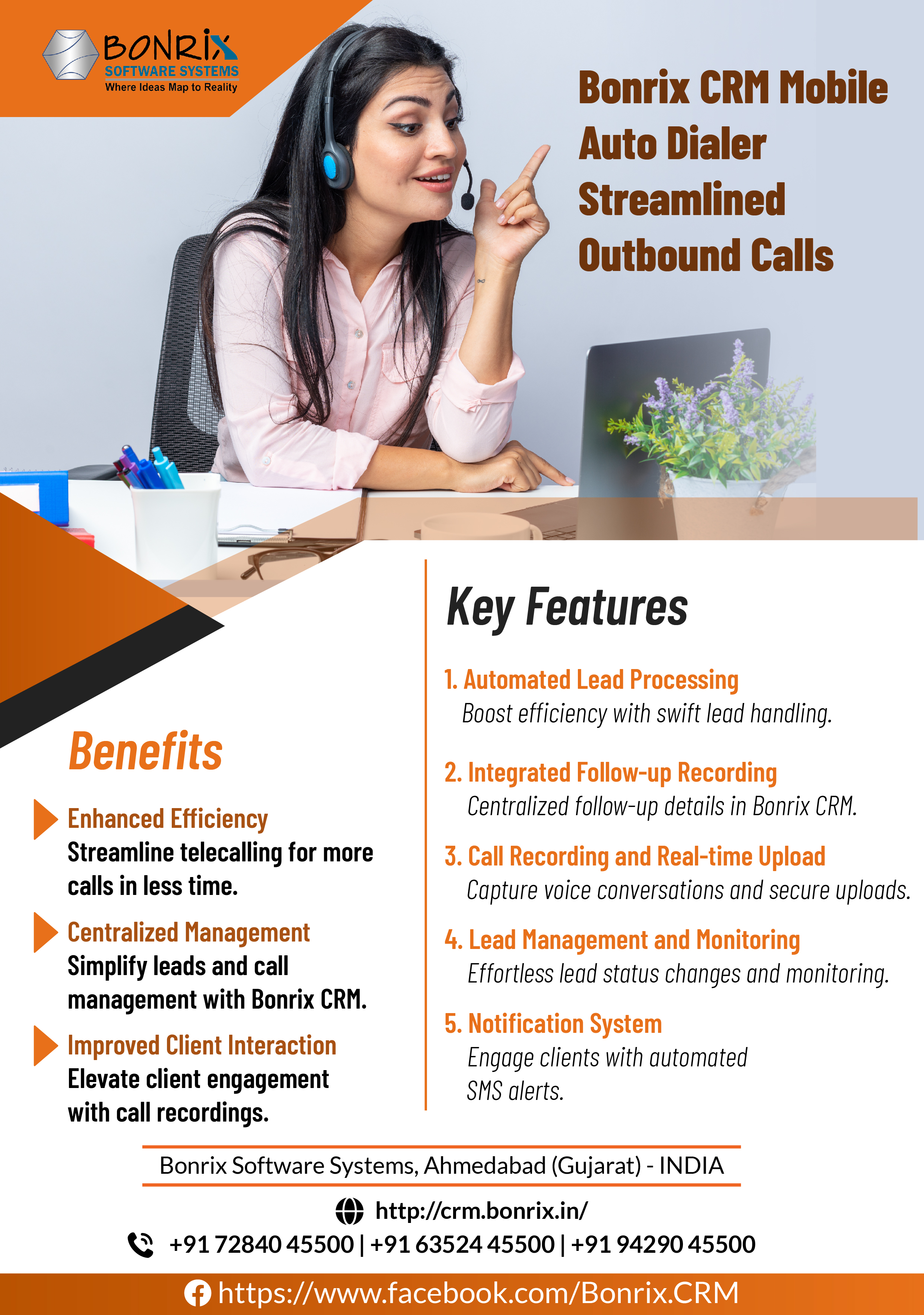 Bonrix CRM Mobile Auto Dialer app interface for automated outbound calling and lead processing